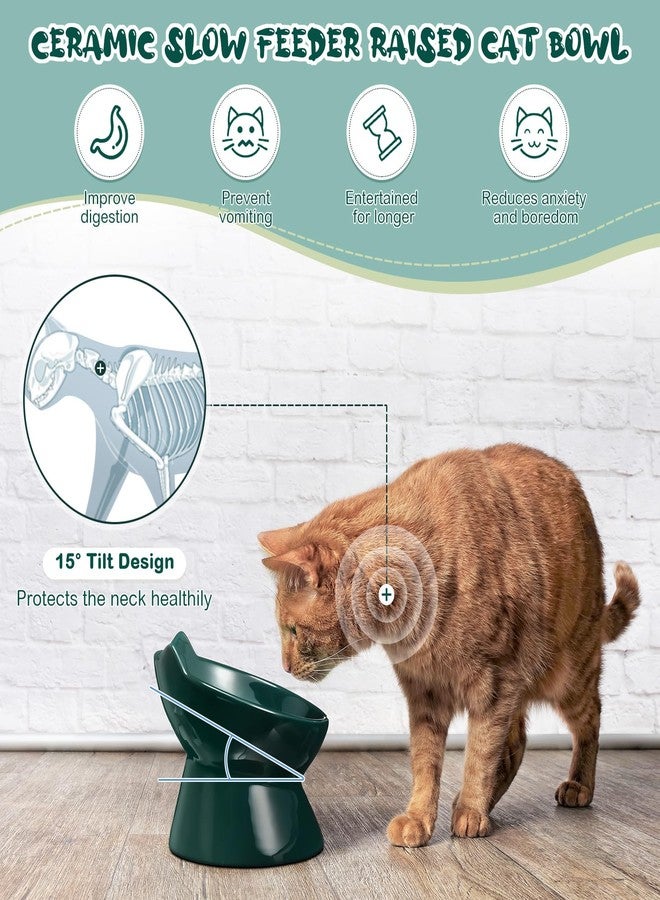 Funnymoom وعاءان مرتفعان من السيراميك من Funnymoom للقطط، قطعتان، لتغذية بطيئة، وعاء مائل لطيف مضاد للتقيؤ، مناسب للطعام الجاف والرطب والماء، سهل التنظيف، حافة عالية، مناسب للحيوانات الأليفة الصغيرة (أخضر داكن). - Image 4